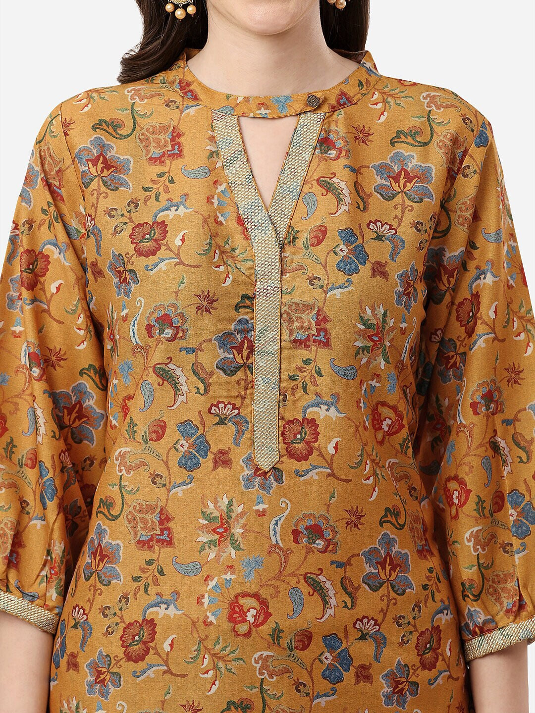 HERE&NOW Women Mustard Yellow Floral Printed Kurti with Trousers - Distacart