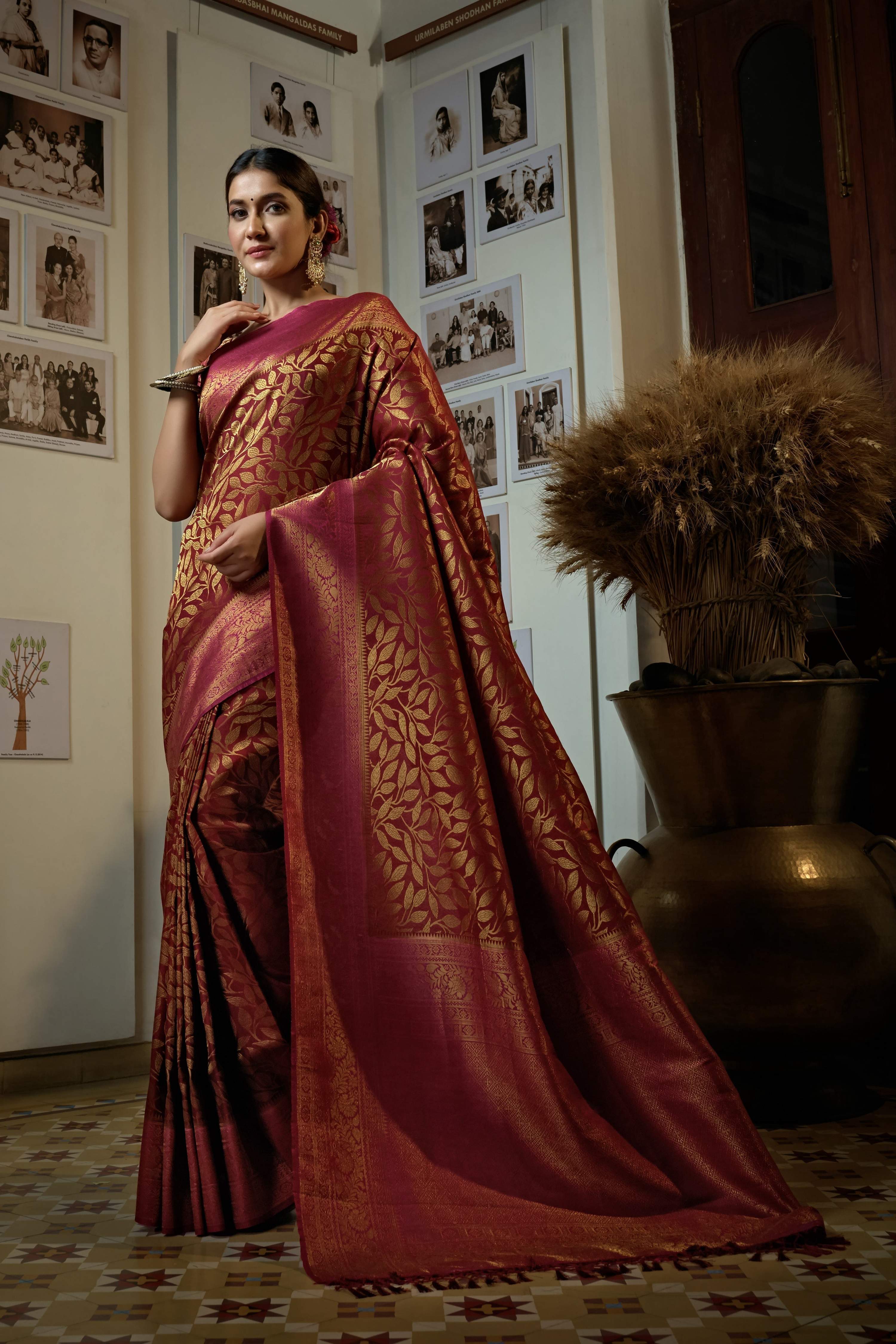 Vardha Garnet Red Golden Zari Kanjeevaram Silk Saree