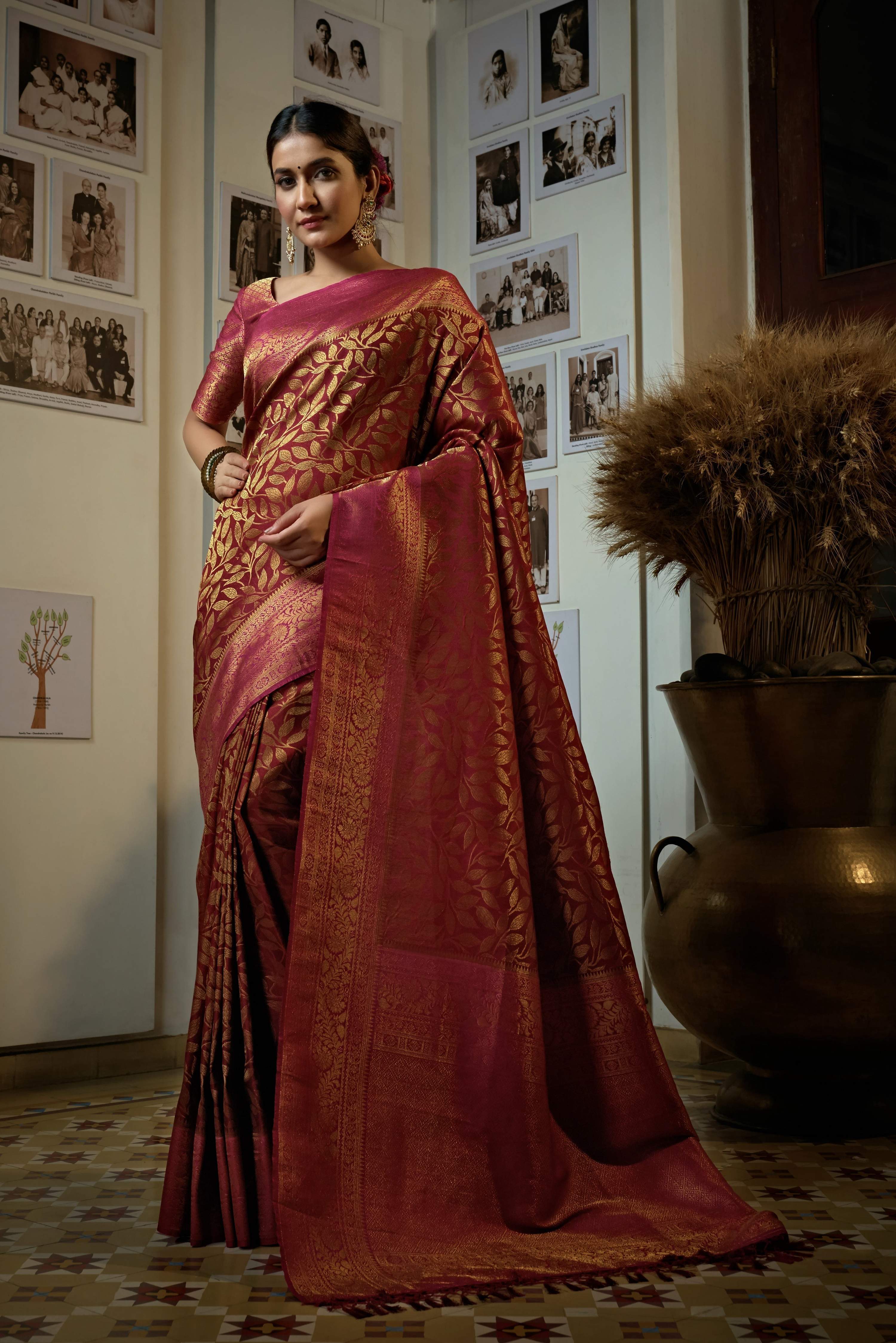 Vardha Garnet Red Golden Zari Kanjeevaram Silk Saree