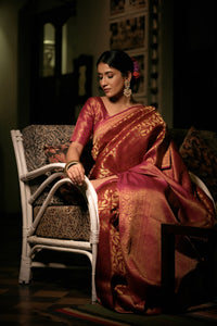 Thumbnail for Vardha Garnet Red Golden Zari Kanjeevaram Silk Saree