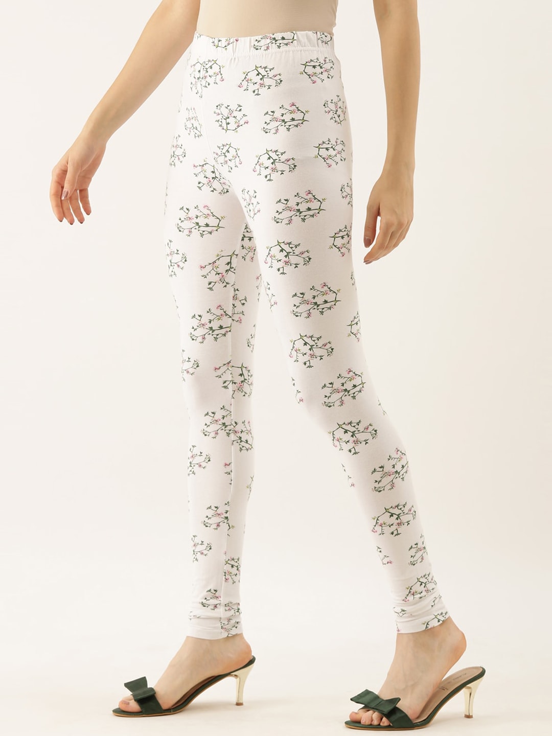 Souchii White & Green Printed Slim-Fit Ankle-Length Leggings - Distacart
