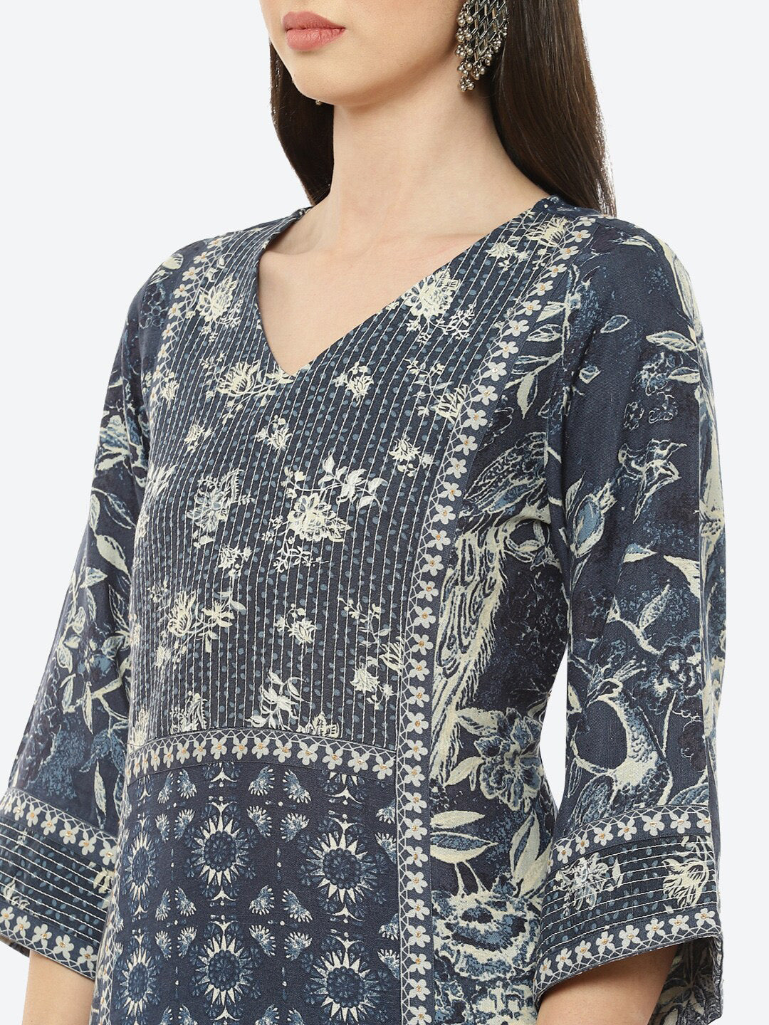 Biba Women Navy Blue & Off White Ethnic Motifs Print Straight Kurta - Distacart