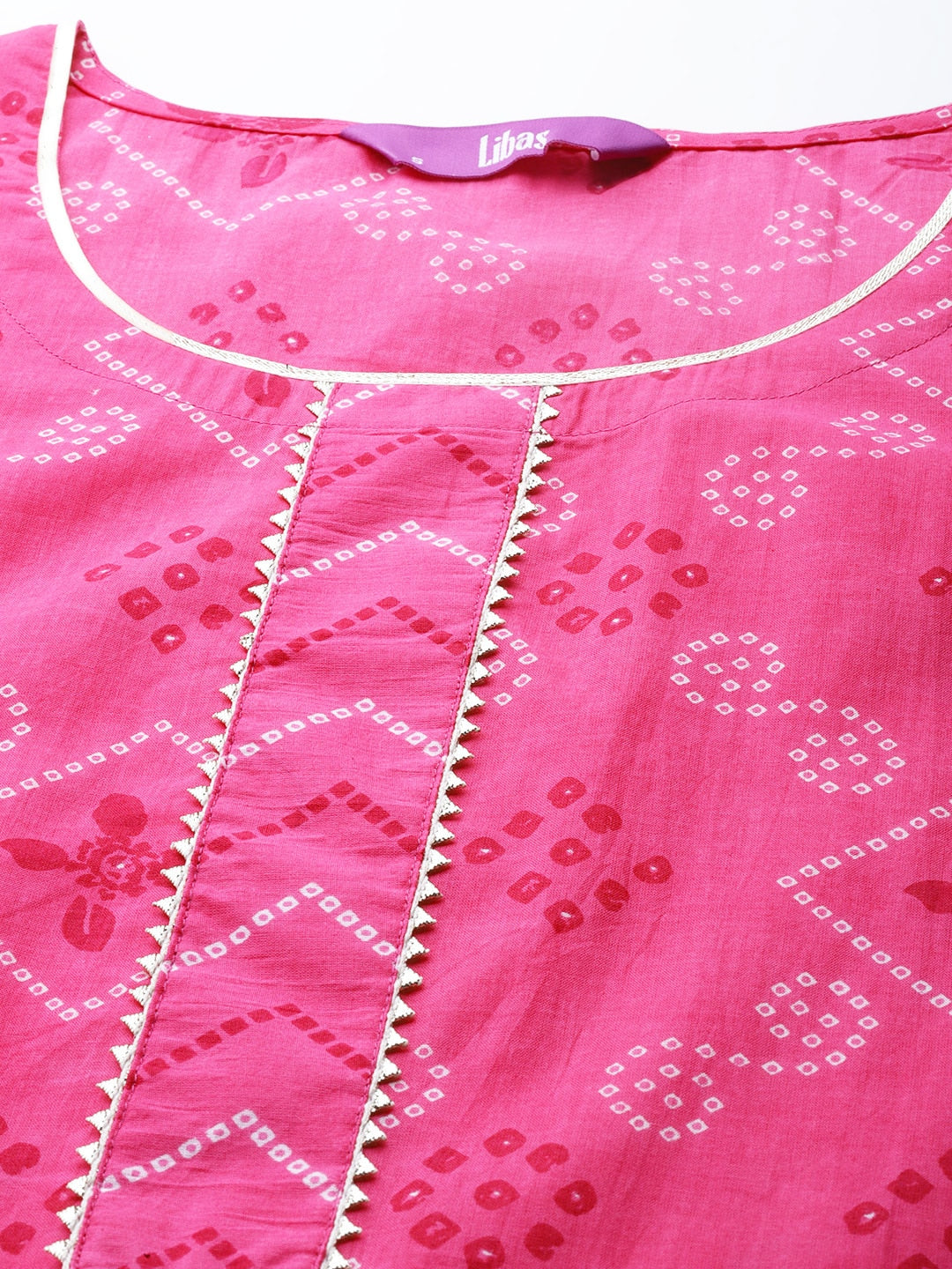 Libas Pink Pure Cotton Bandhani Printed Gotta Patti Kurta Set & Dupatta - Distacart