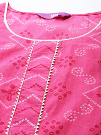 Thumbnail for Libas Pink Pure Cotton Bandhani Printed Gotta Patti Kurta Set & Dupatta - Distacart