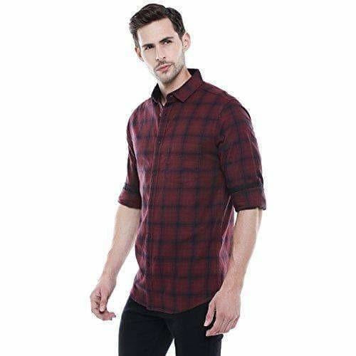 Men's Checkered Maroon Slim Fit Casual Shirt - Distacart