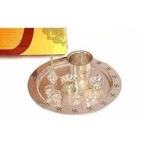 Silver Plated OM Pooja Thali 1 Set 8 Pcs - Distacart