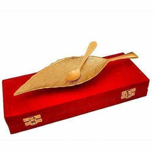 Brass Decorative Gold Plated Leaf Platter with Spoon - Distacart