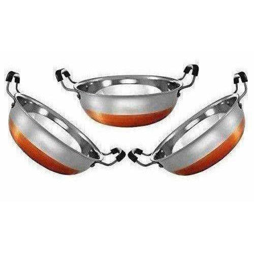 Stainless Steel Copper Bottom Kadhai with Handle - Set of 3 Pieces - Distacart
