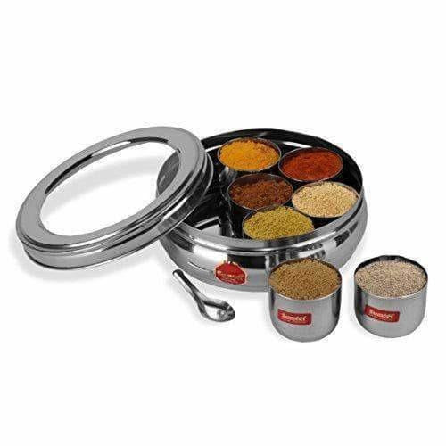 Stainless Steel Belly Shape Spice Box with See Through Lid with 7 Containers and Small Spoon - Distacart