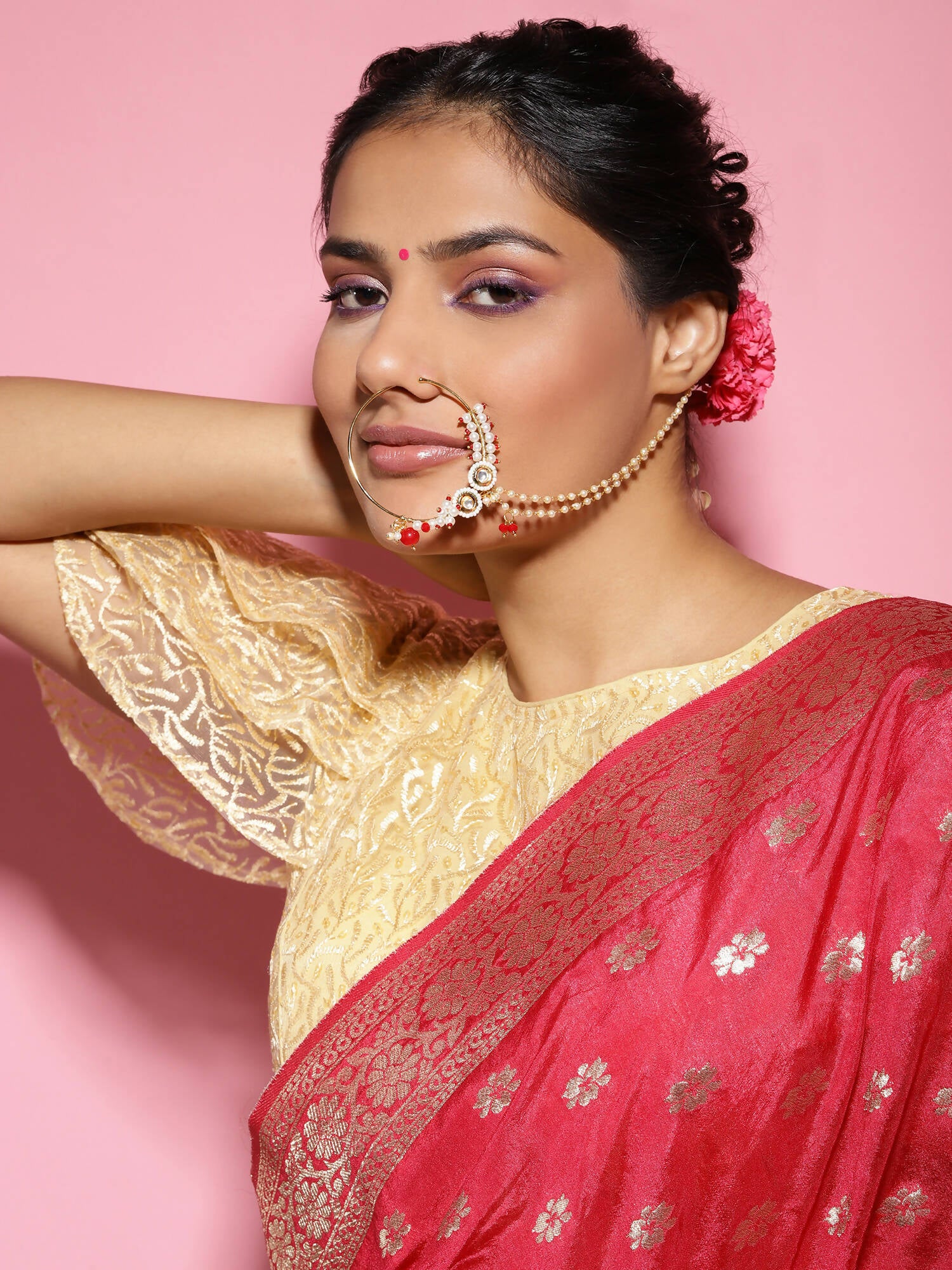 Gold-Plated White Red Kundan Studded Beaded Chained Nose Ring - Ruby Raang - Distacart