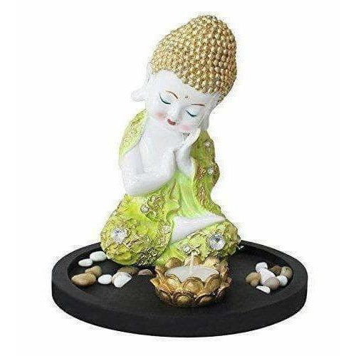 Multi - Color Handmade Buddha Showpiece and Stones On Wooden Tray - Distacart