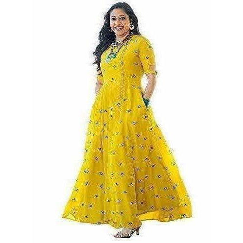 Yellow Color -  Long Embroidered Kurti - Distacart