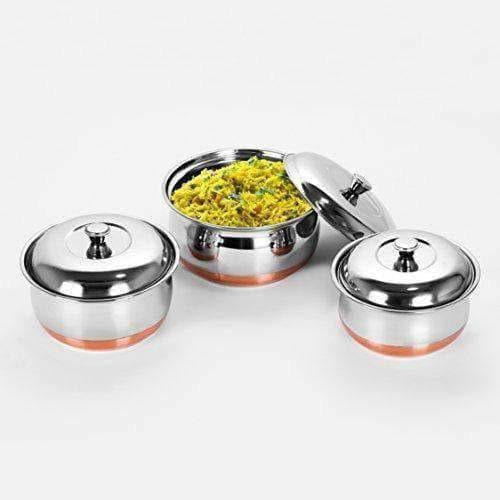 Stainless Steel Copper Bottom Multipurpose Cook & Serve Handi With Lid - Set of 3 - Distacart