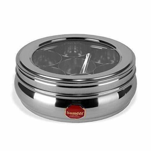 Stainless Steel Belly Shape Spice Box with See Through Lid with 7 Containers and Small Spoon - Distacart