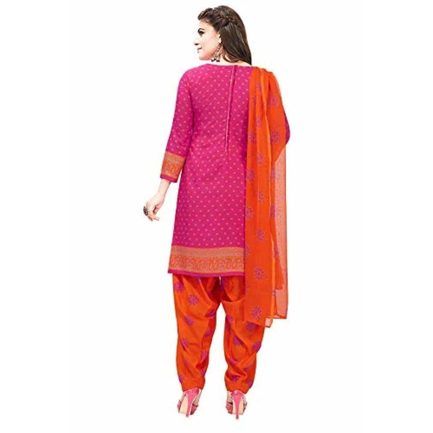 Synthetic Pink & Orange Printed Unstitched Salwar Suits Dress Material with Dupatta - Distacart