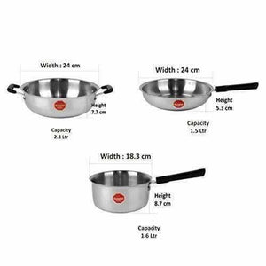 Stainless Steel Induction Cookware  Sauce Pan +Kadhai + Fry Pan - Set of 3 - Distacart