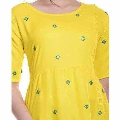Yellow Color -  Long Embroidered Kurti - Distacart