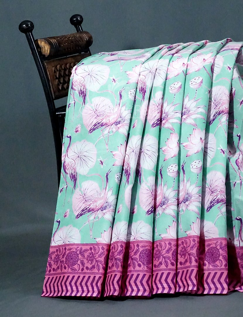 Block Print Mint Blue Coloured Mulmul Cotton Saree By Gayathri Reddy Designer Studio - Distacart