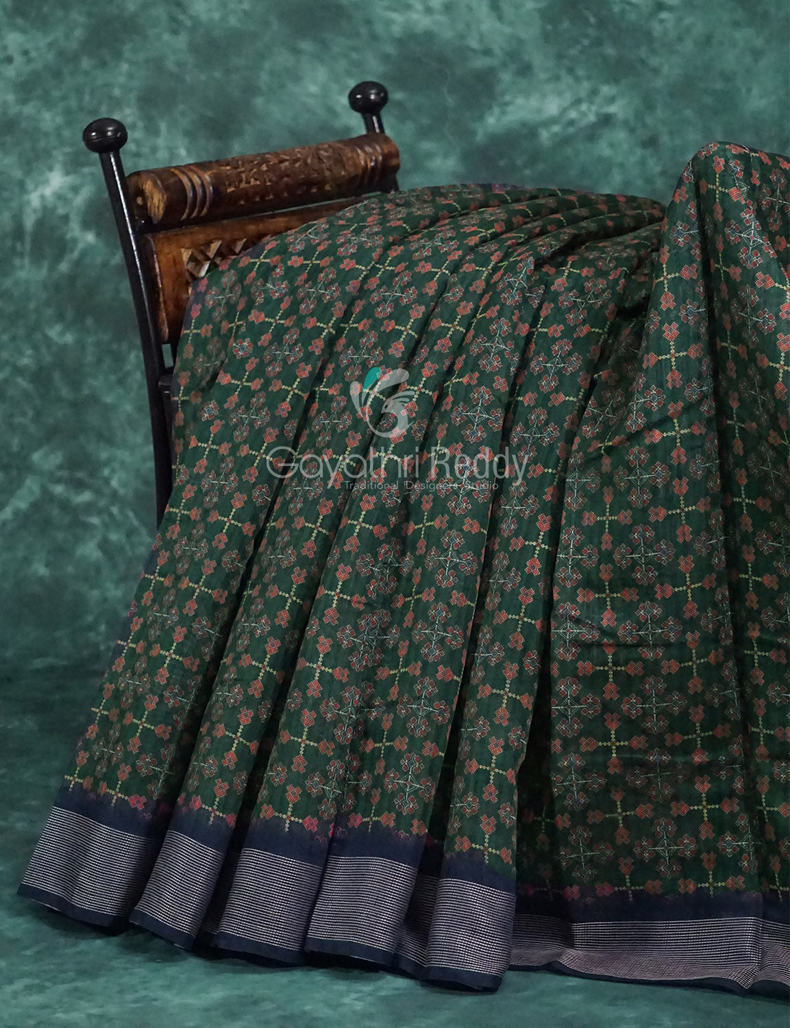 Dark Green and Navy Blue Geometrical Print Semi Chanderi Saree By Gayathri Reddy Designer Studio - Distacart
