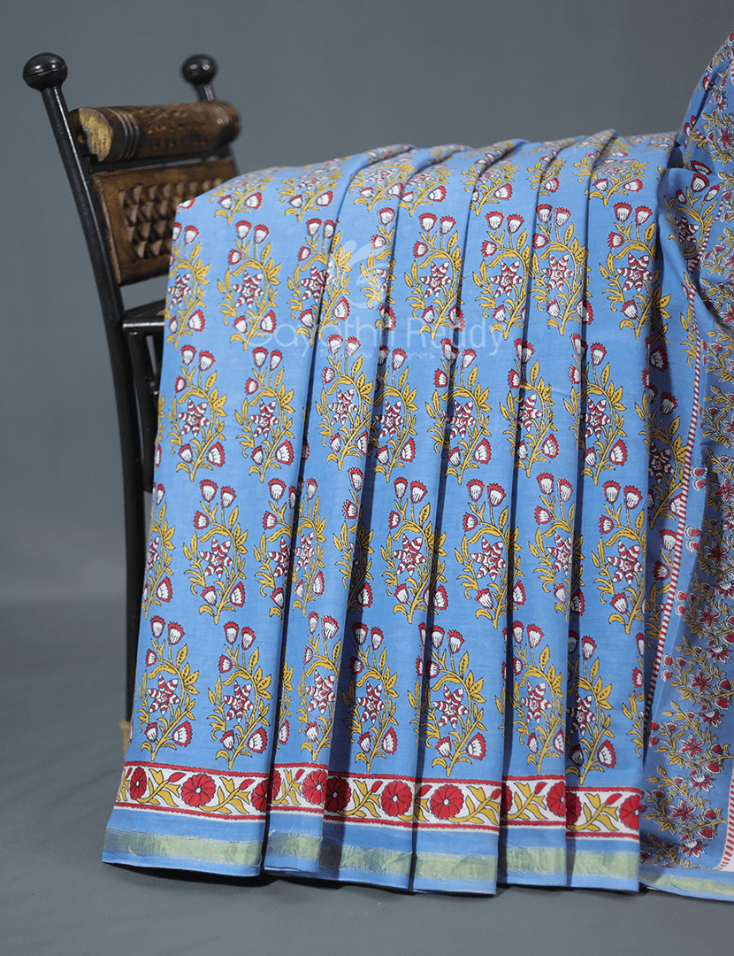 Cloud Blue Coloured Combination Printed Cotton Saree By Gayathri Reddy Designer Studio - Distacart