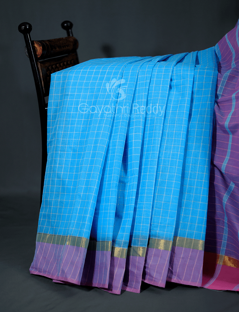 Sky Blue Coloured With Checks Pure Mangalgiri Cotton Saree By Gayathri Reddy Designer Studio - Distacart
