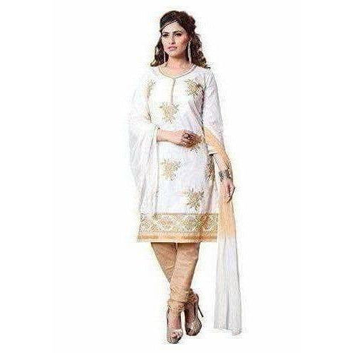 Cotton Embroidered Unstitched Salwar Suit - White - Distacart