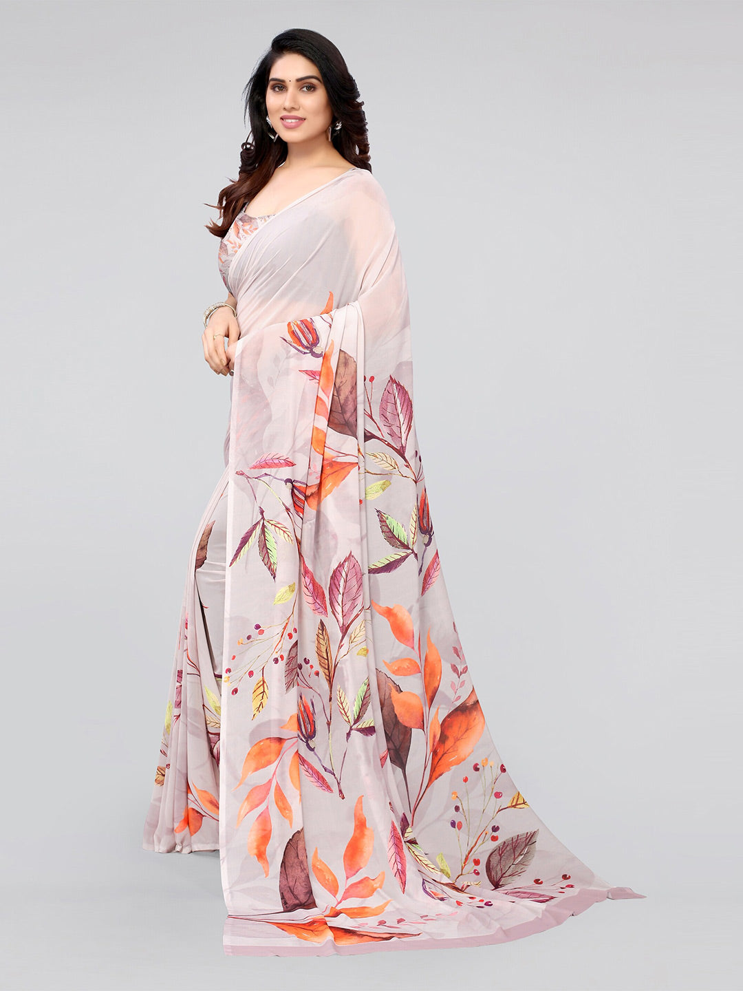 Kalini Beige & Orange Floral Saree - Distacart