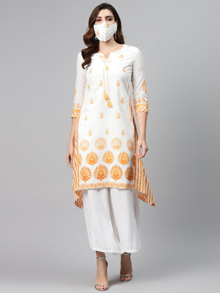 Biba Women White Yellow Printed Pure Cotton A-Line Asymmetric Kurta - Distacart