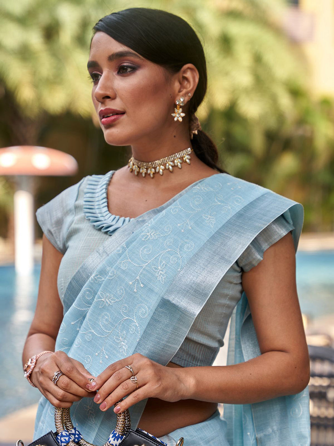 Mitera Blue & Silver-Toned Floral Embroidered Zari Pure Linen Banarasi Saree - Distacart