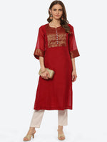 Thumbnail for Biba Women Red Ethnic Motifs Yoke Design Kurta - Distacart