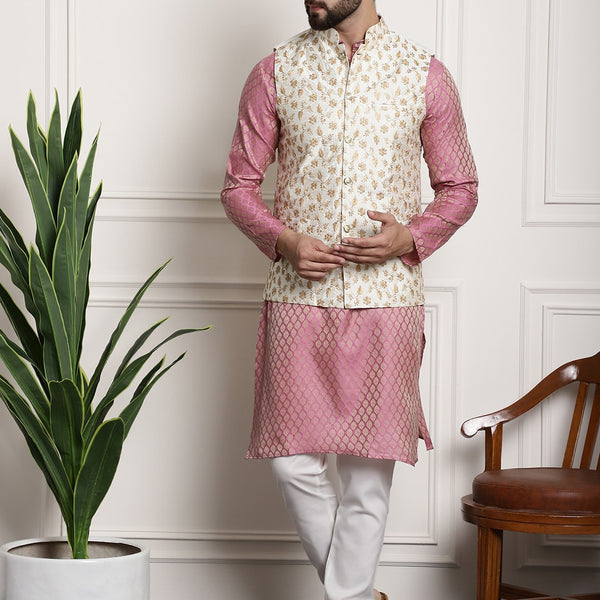 Sojanya Woven Design Mandarin Collar Kurta with Churidar & Nehru Jacket - Distacart