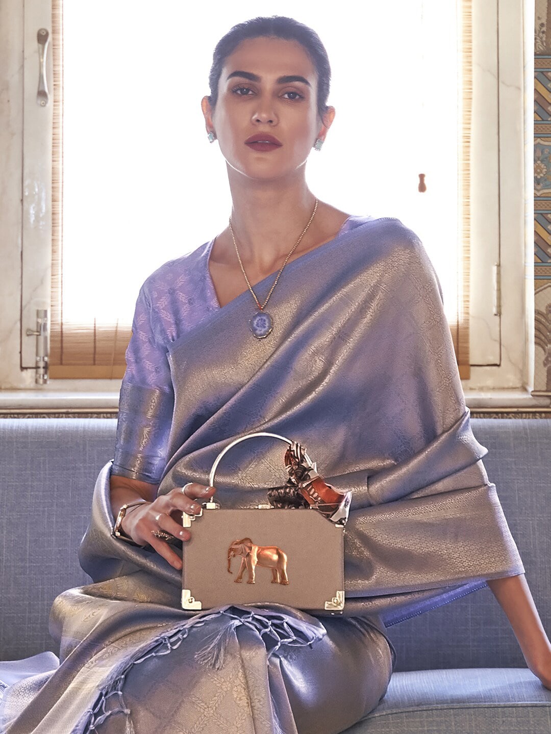Mitera Lavender & Gold-Toned Woven Design Zari Saree - Distacart