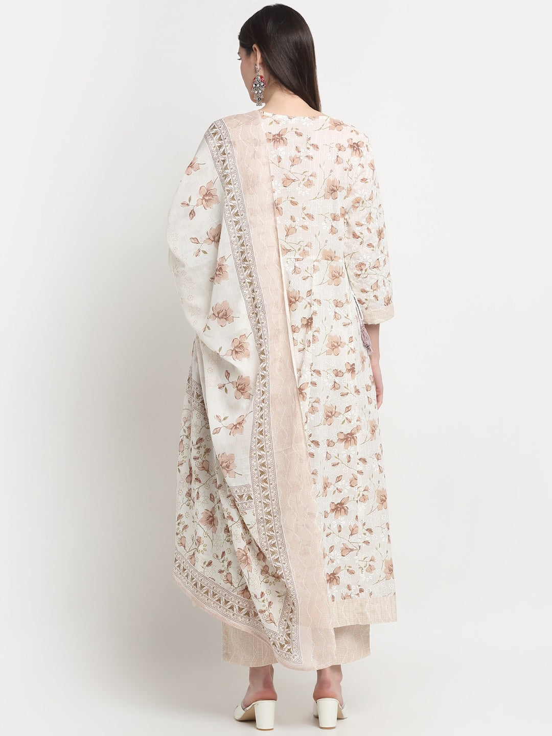 Kalini Printed Notch Neck Sequinned Pure Cotton Anarkali Kurta with Trousers & Dupatta - Distacart