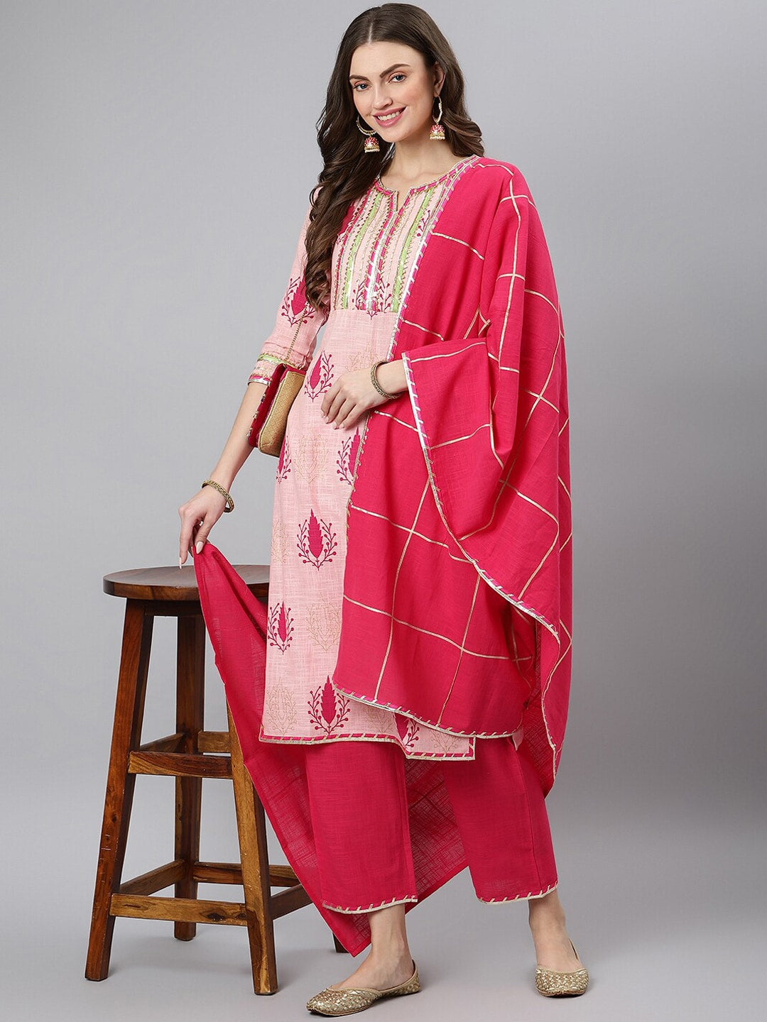 Khushal K Women Pink Ethnic Motifs Printed Gotta Patti Kurta with Trousers & Dupatta - Distacart