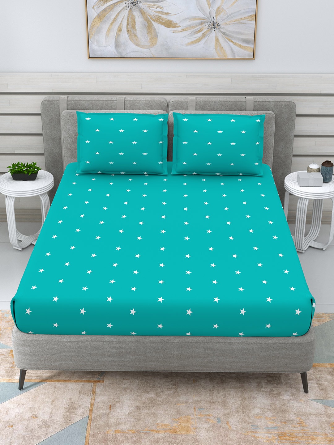 DREAM WEAVERZ Turquoise Blue & White 250 TC Pure Cotton King Bedsheet with 2 Pillow Covers - Distacart