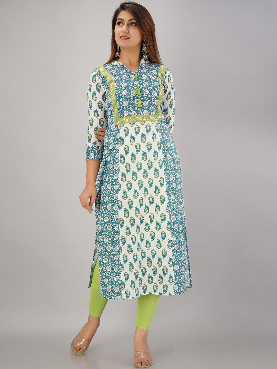 HERE&NOW Mandarin Collar Floral Printed Thread Work Straight Kurta - Distacart