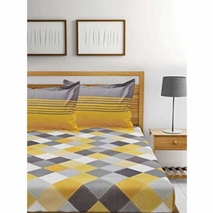 Cotton Double Bedsheet with 2 Pillow Covers - Yellow and Grey - Distacart