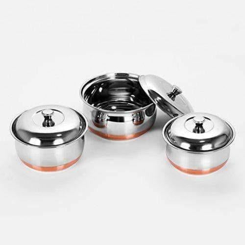 Stainless Steel Copper Bottom Multipurpose Cook & Serve Handi With Lid - Set of 3 - Distacart