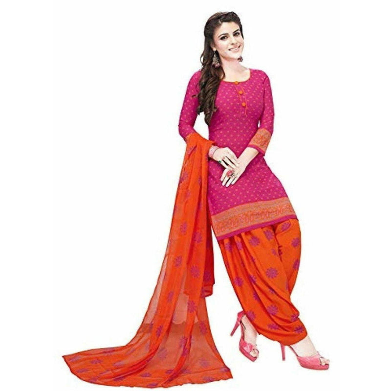 Synthetic Pink &amp; Orange Printed Unstitched Salwar Suits Dress Material with Dupatta - Distacart