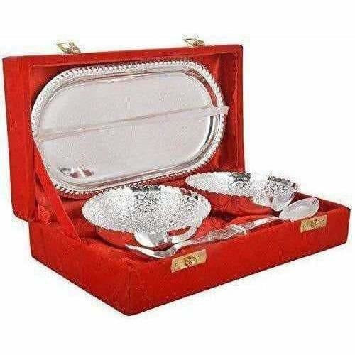 Handmade Silver Plated Brass Bowl with Tray - Set of 5 Pieces - Distacart