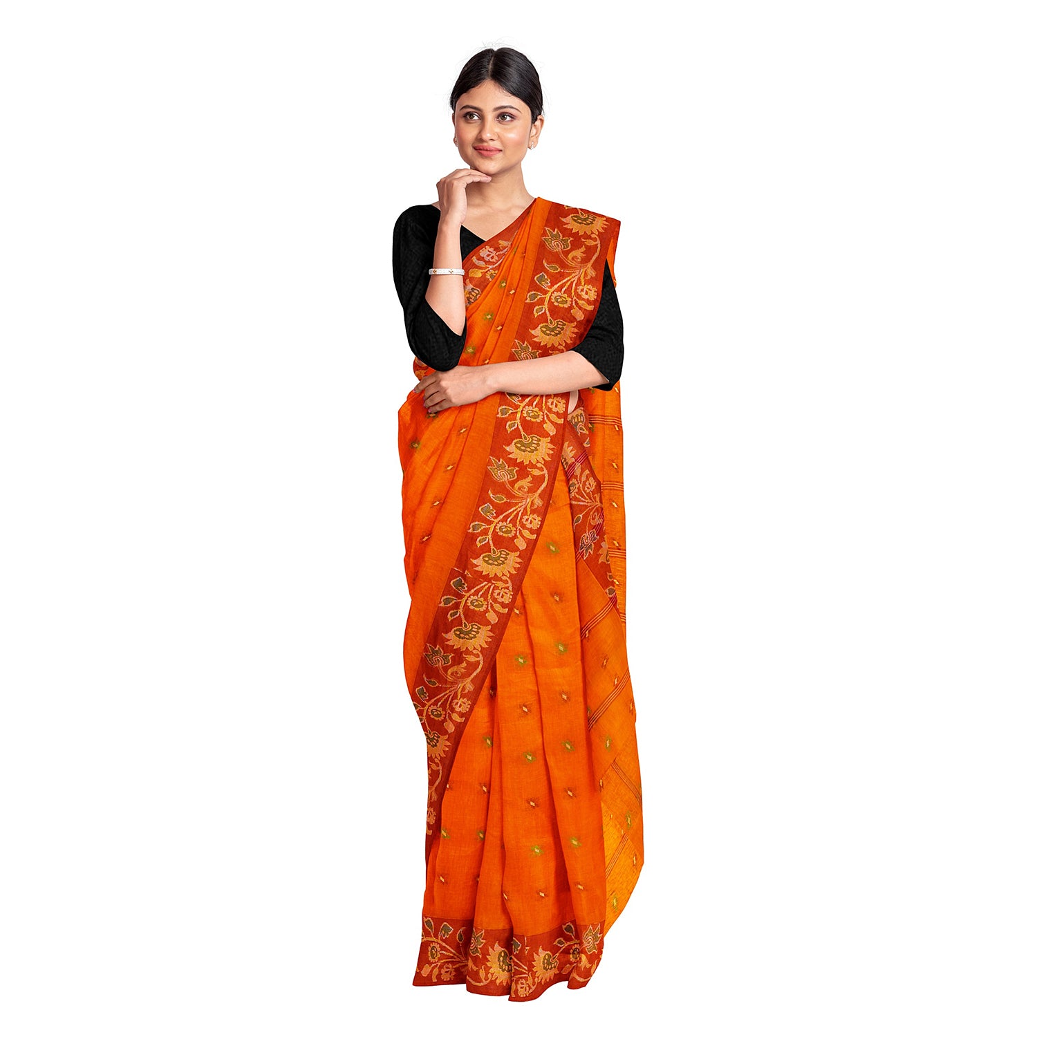 Exclusive Collection 100% Pure Cotton Orange Tant Saree With Hand Weaving Work - Distacart