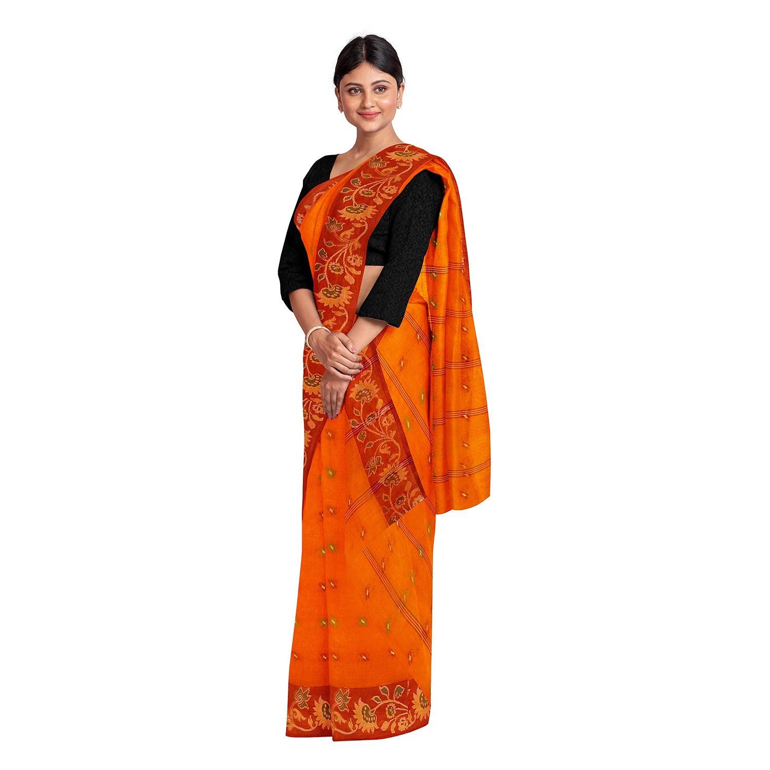 Exclusive Collection 100% Pure Cotton Orange Tant Saree With Hand Weaving Work - Distacart