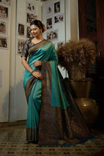 Thumbnail for Vardha Turquoise Blue Golden Zari Kanjeevaram Silk Saree
