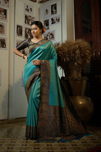 Thumbnail for Vardha Turquoise Blue Golden Zari Kanjeevaram Silk Saree