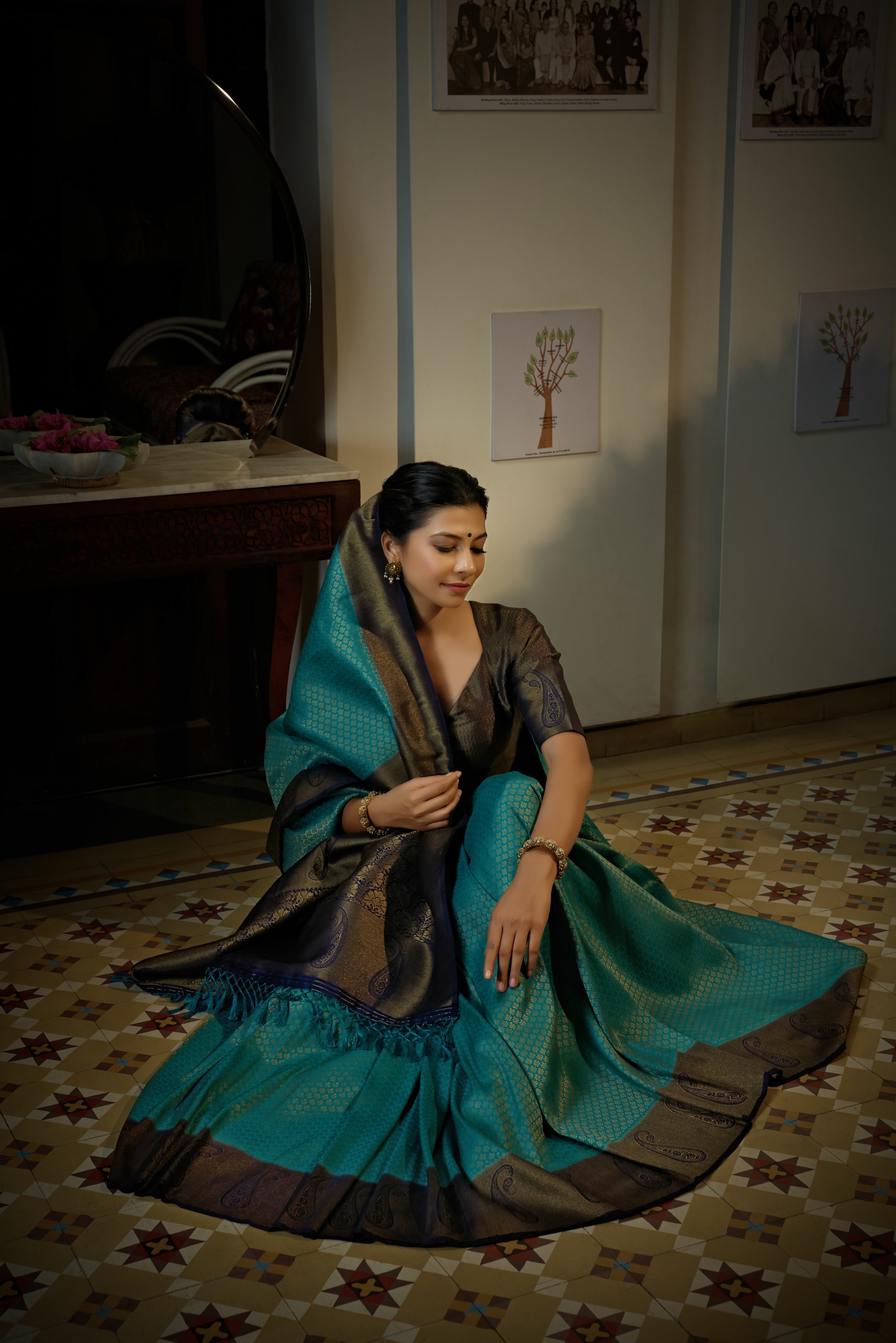 Vardha Turquoise Blue Golden Zari Kanjeevaram Silk Saree