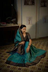 Thumbnail for Vardha Turquoise Blue Golden Zari Kanjeevaram Silk Saree