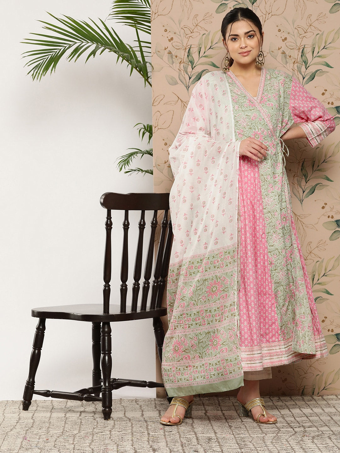 Kalini Floral Printed Angrakha Gotta Patti Pure Cotton Kurta With Dupatta - Distacart