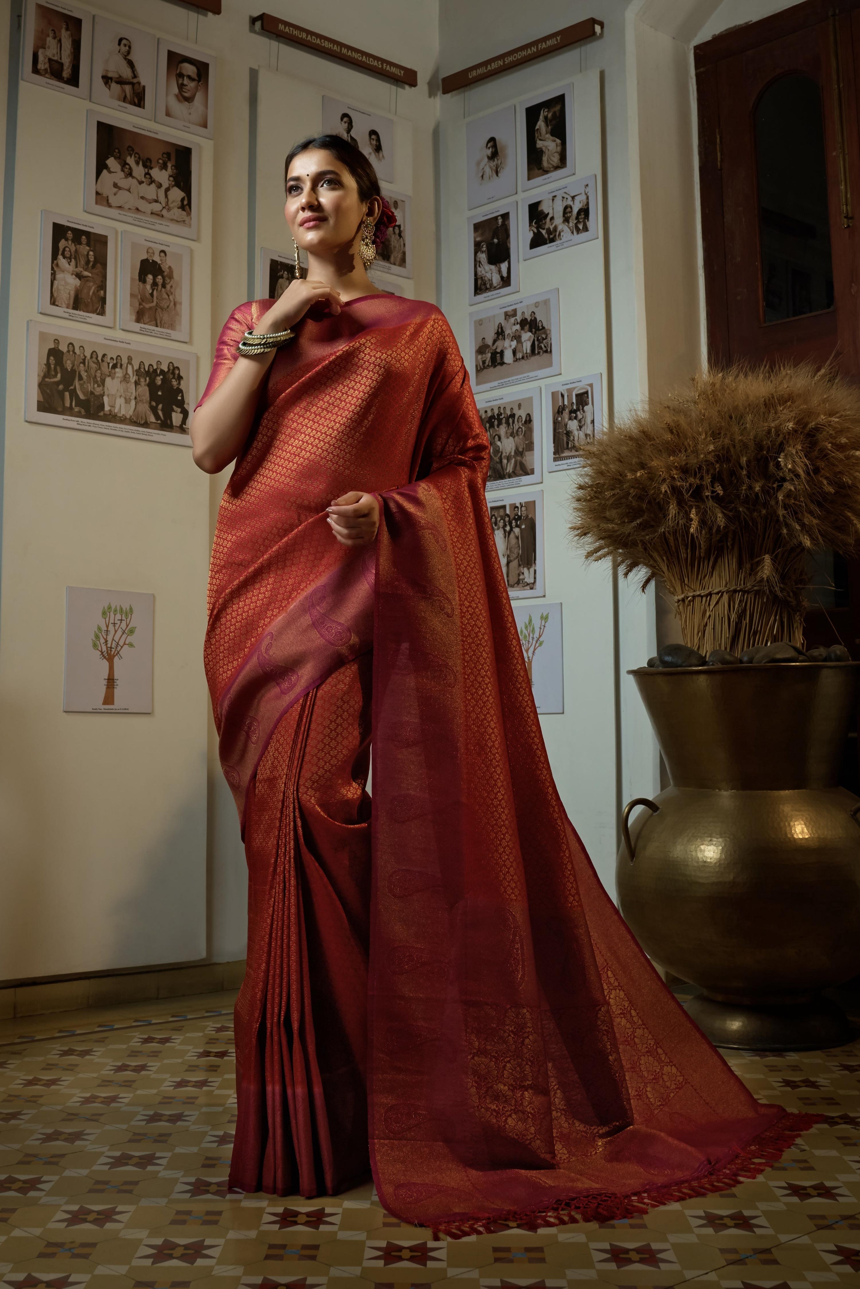 Vardha Burnt Orange Golden Zari Kanjeevaram Silk Saree