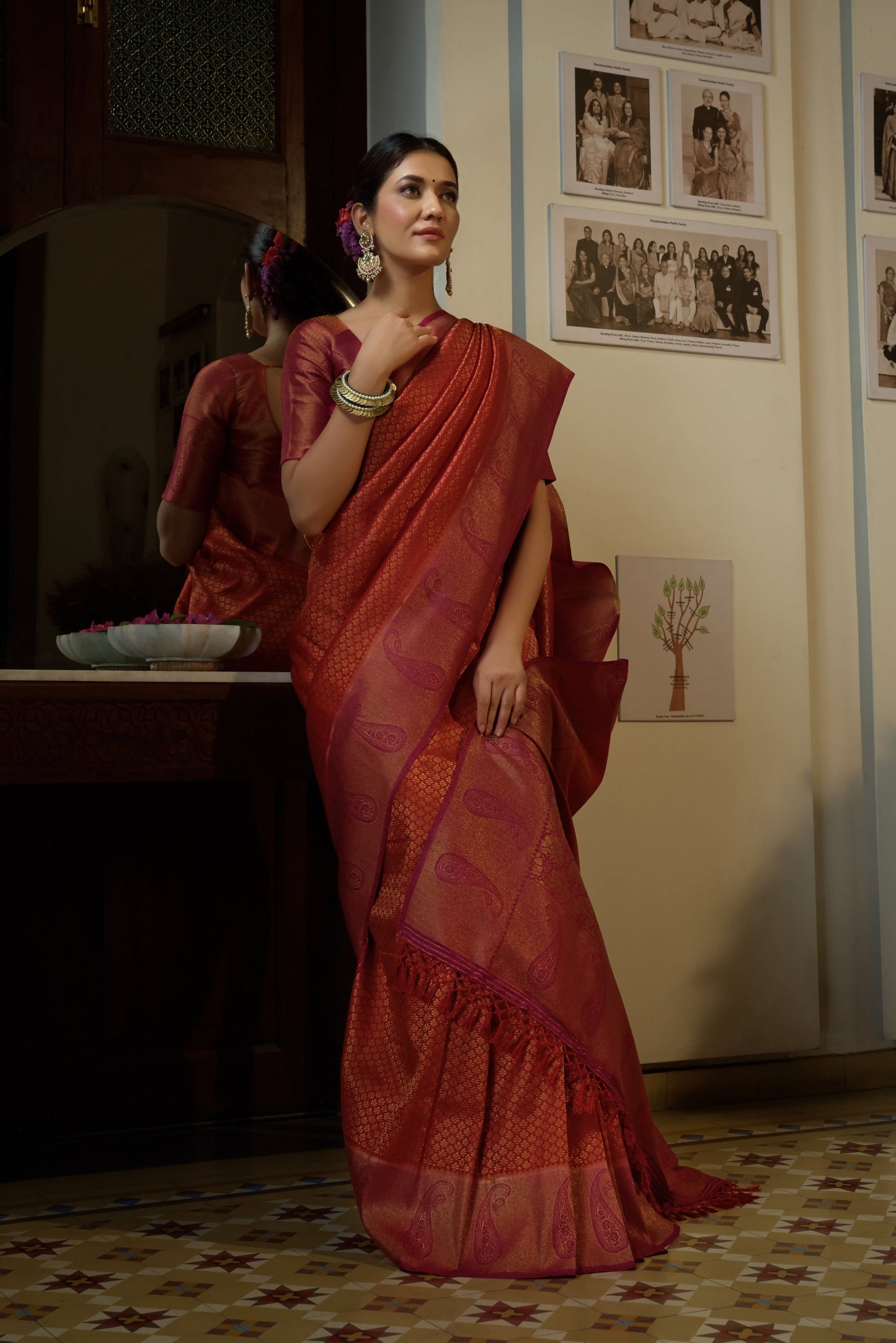 Vardha Burnt Orange Golden Zari Kanjeevaram Silk Saree