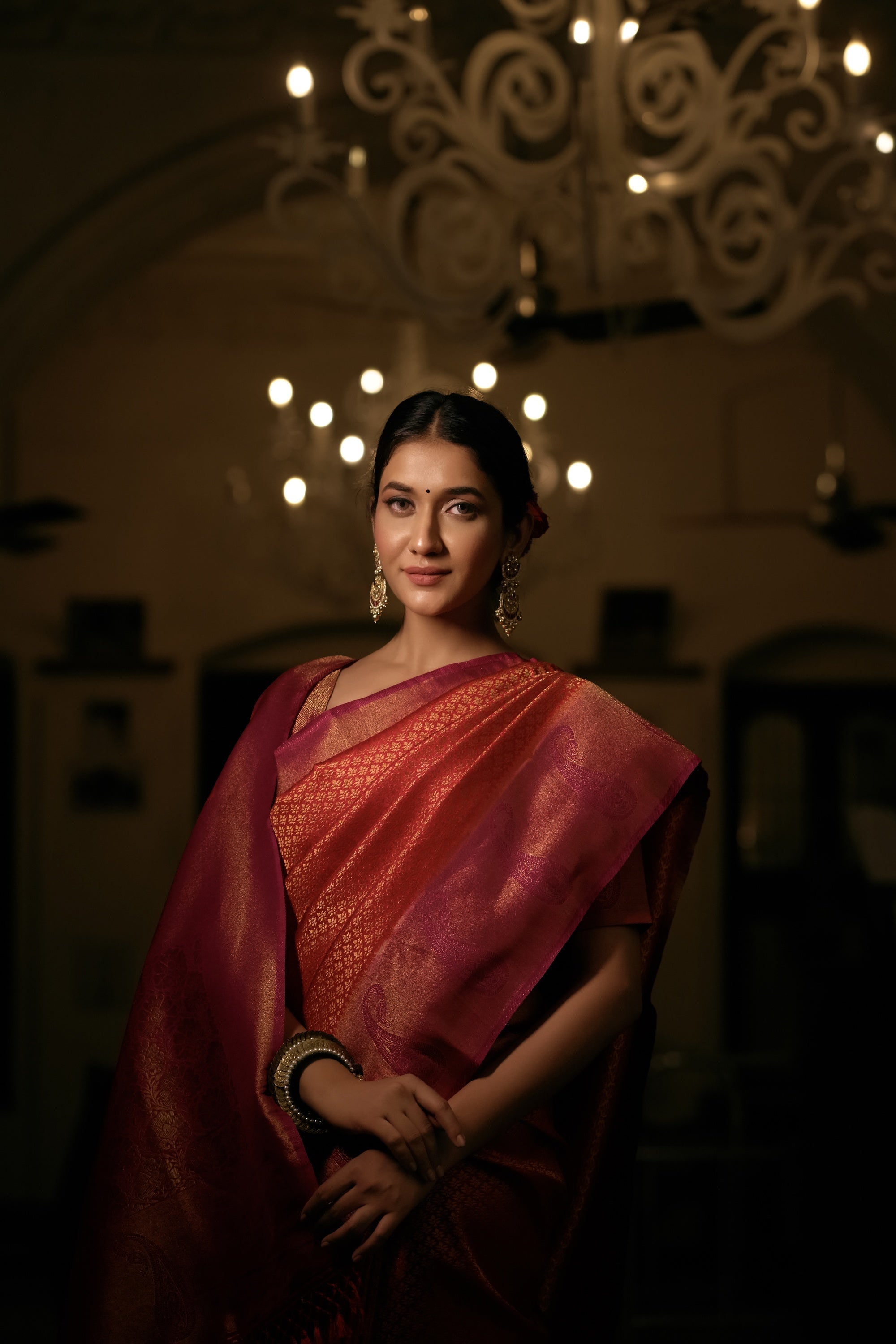 Vardha Burnt Orange Golden Zari Kanjeevaram Silk Saree